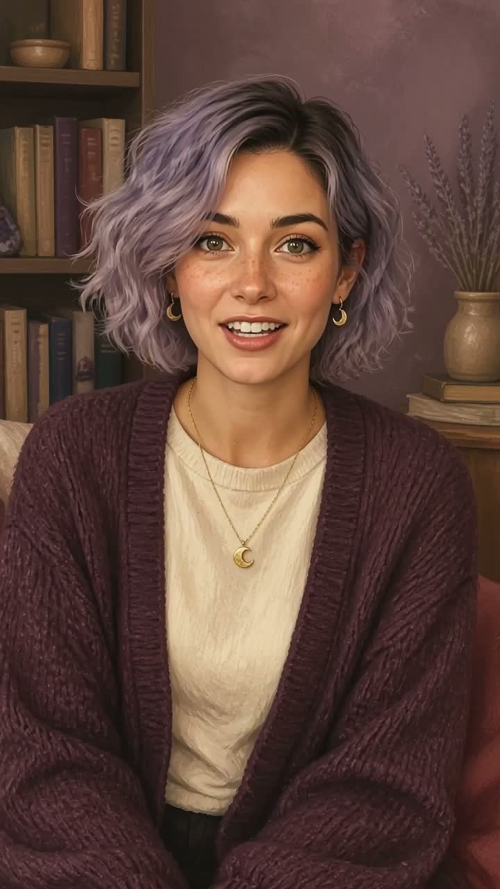 Lavender with wavy lavender hair, a plum cardigan and a warm expression